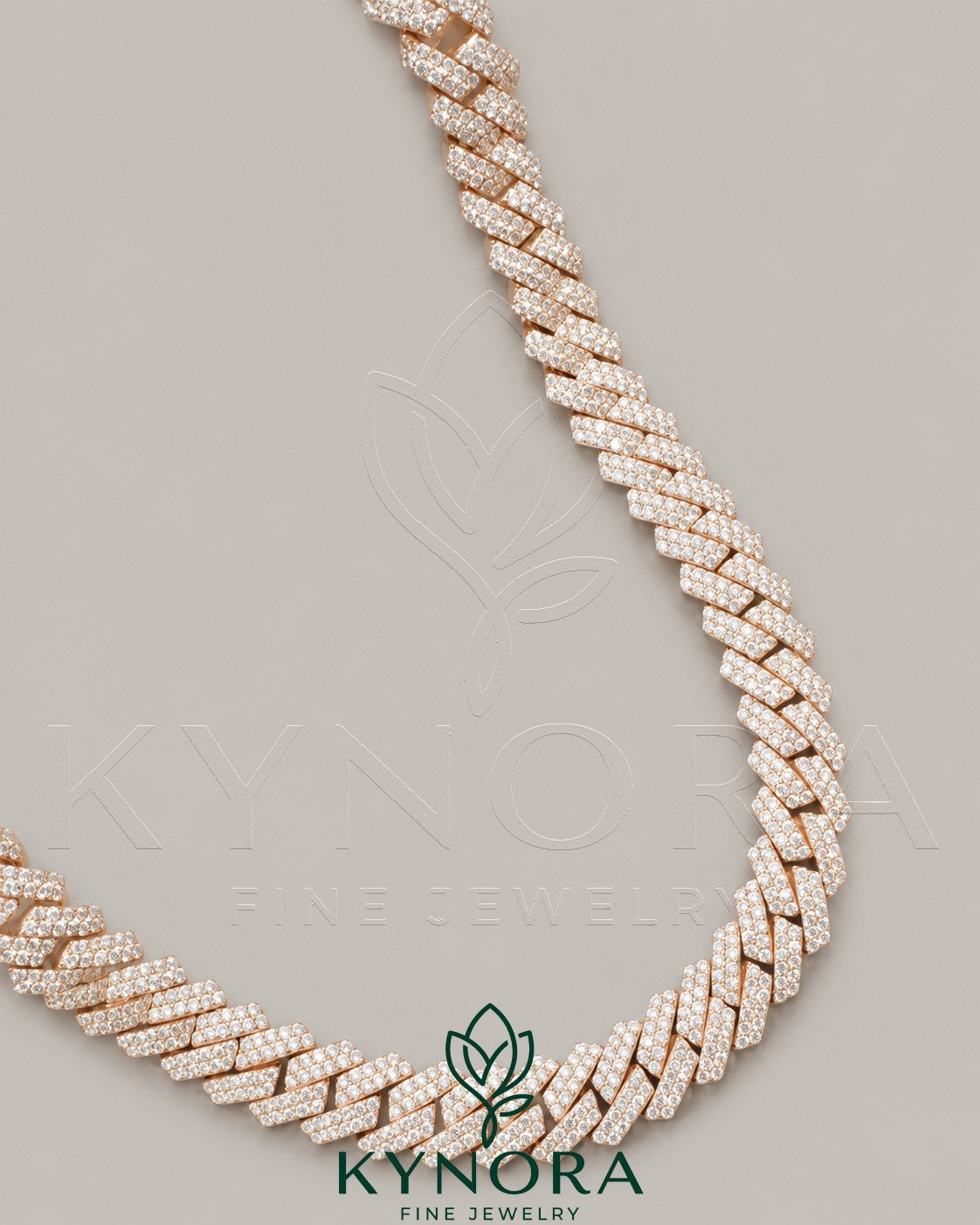 Sterling silver Miami Cuban link chain with 10mm VVS Moissanite diamonds in rose gold finish, hiphop style from Kynora Jewels.