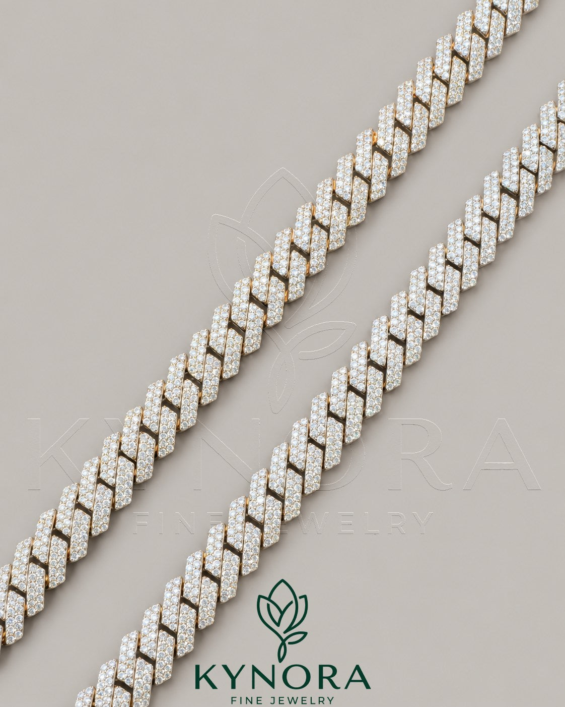 Kynora Jewels 18-inch sterling silver rose gold Miami Cuban link chain with 10mm VVS moissanite diamonds, hiphop jewelry style.