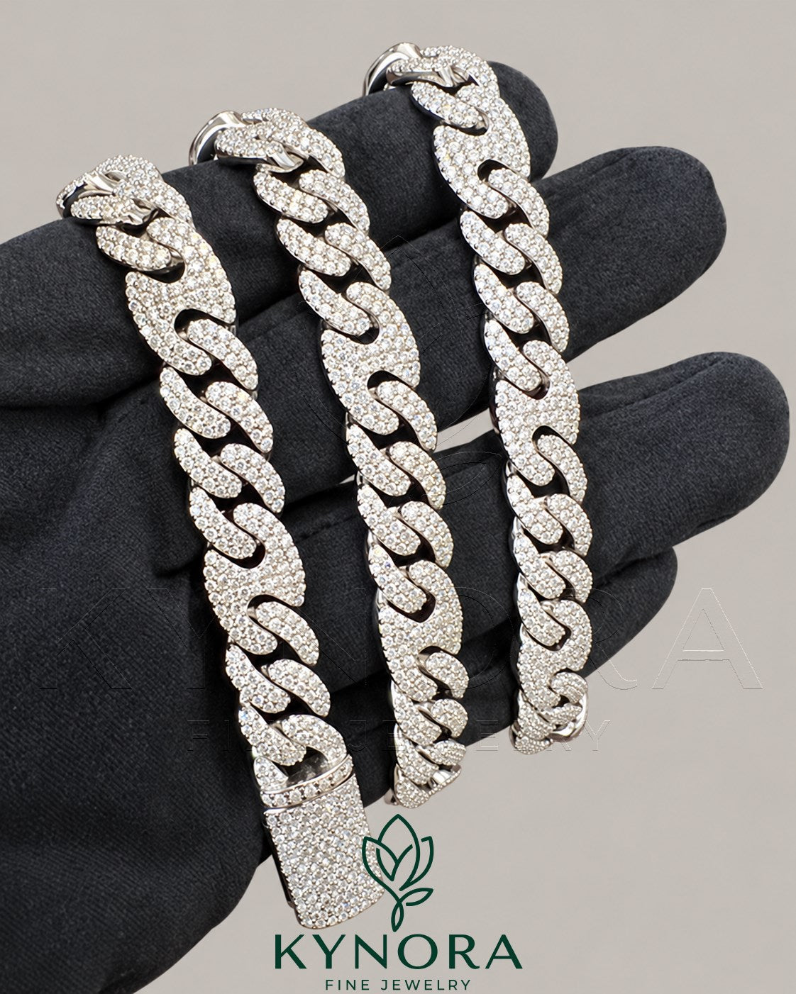 Sterling silver 10mm VVS1 moissanite Miami Cuban link chain by Kynora Jewels with a bold hip-hop style design.