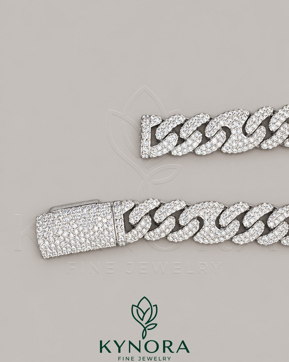 Sterling silver VVS1 moissanite Miami Cuban link chain by Kynora Jewels, 10mm hip-hop style jewelry with detailed links.