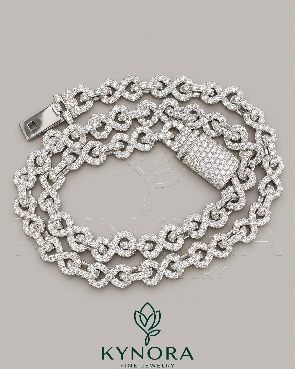 Sterling silver hip-hop chain with 10mm VVS1 moissanite diamonds, infinity design, unisex style by Kynora Jewels