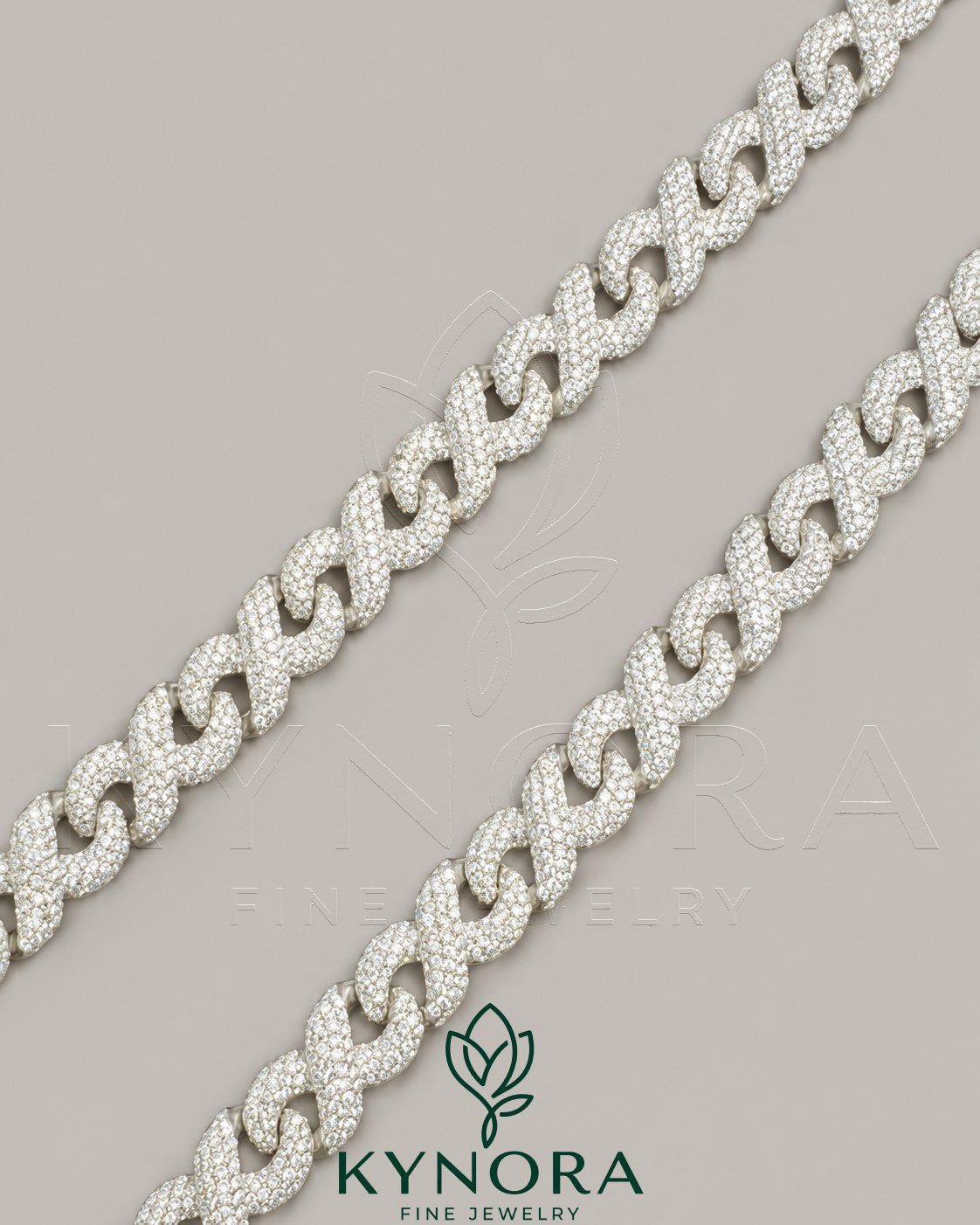 12mm 925 silver Ice Out Full Infinity Cuban Link Chain by Kynora Jewels, showcasing a bold, shiny hip-hop chain design.