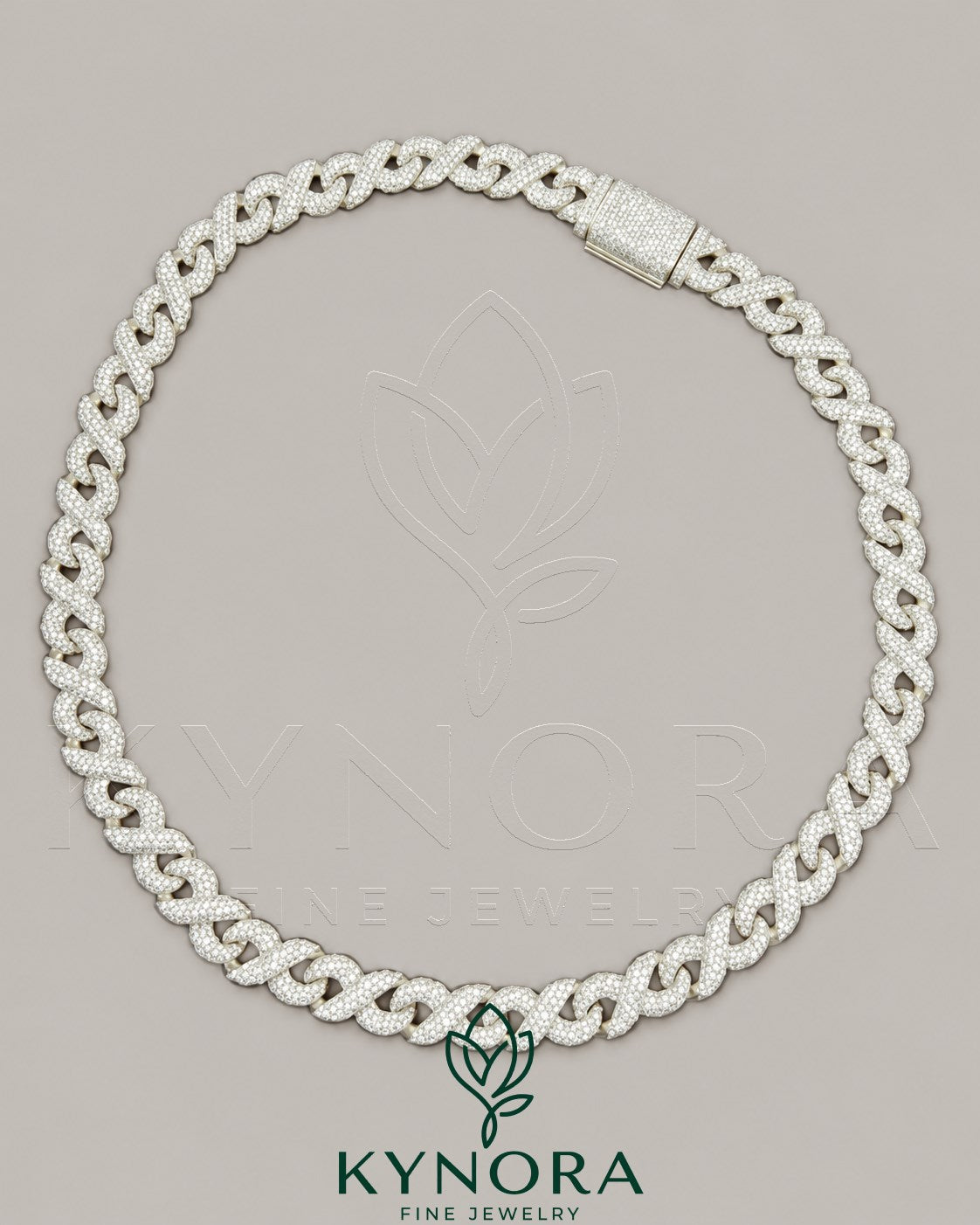 12mm 925 silver ice out full infinity Cuban link chain by Kynora Jewels, showcasing the shiny, interconnected hip-hop jewelry style.