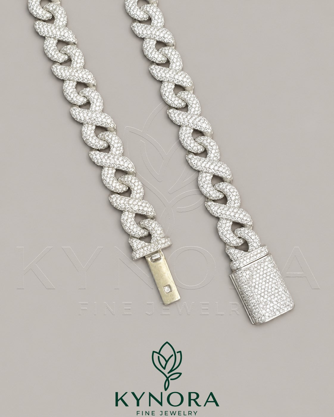 12mm 925 silver Ice Out Cuban Link Chain by Kynora Jewels, full infinity design, hip-hop style jewelry with a shiny finish.