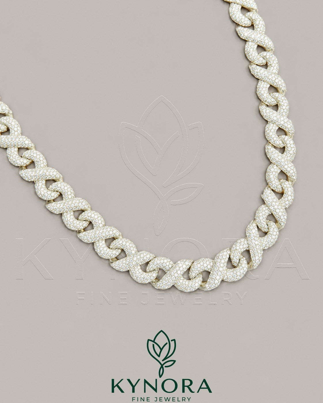 12 mm 925 silver ice out Cuban link chain from Kynora Jewels, full infinity design, hip-hop style jewelry.