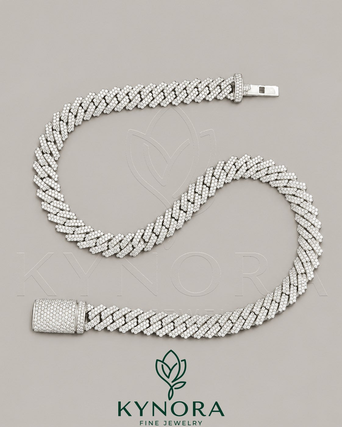 12mm VVS Moissanite diamond Miami Cuban link chain in 925 silver, hip-hop jewelry by Kynora Jewels with a bold, shiny design