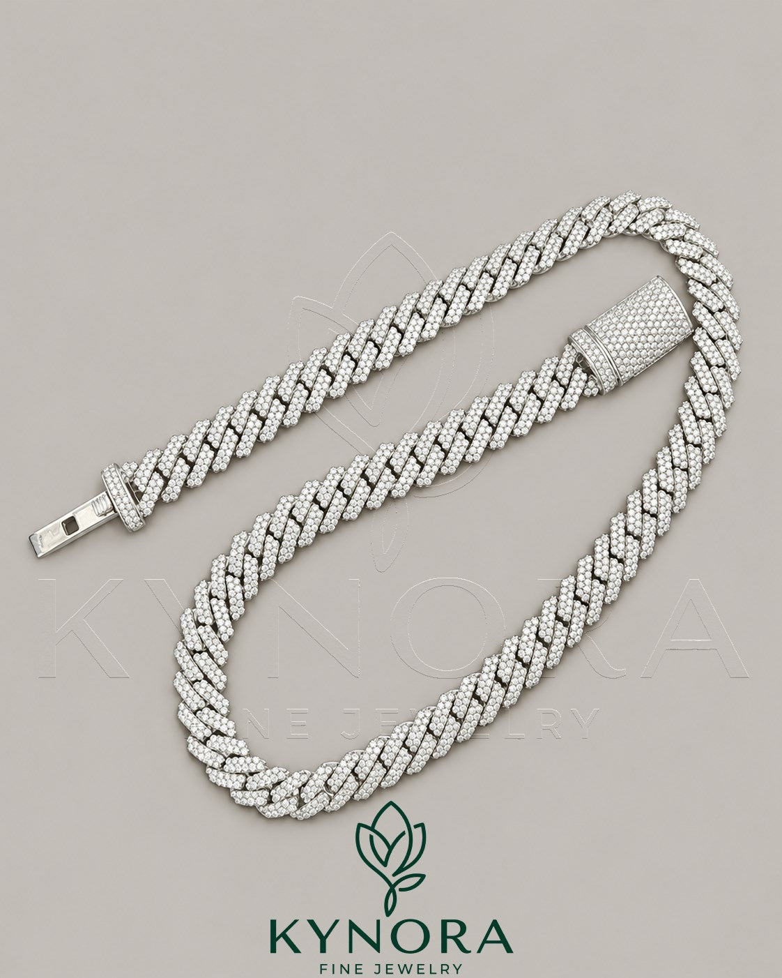 12mm VVS Moissanite diamond Miami Cuban link chain in 925 silver, hip-hop jewelry by Kynora Jewels, close-up view of the chain.