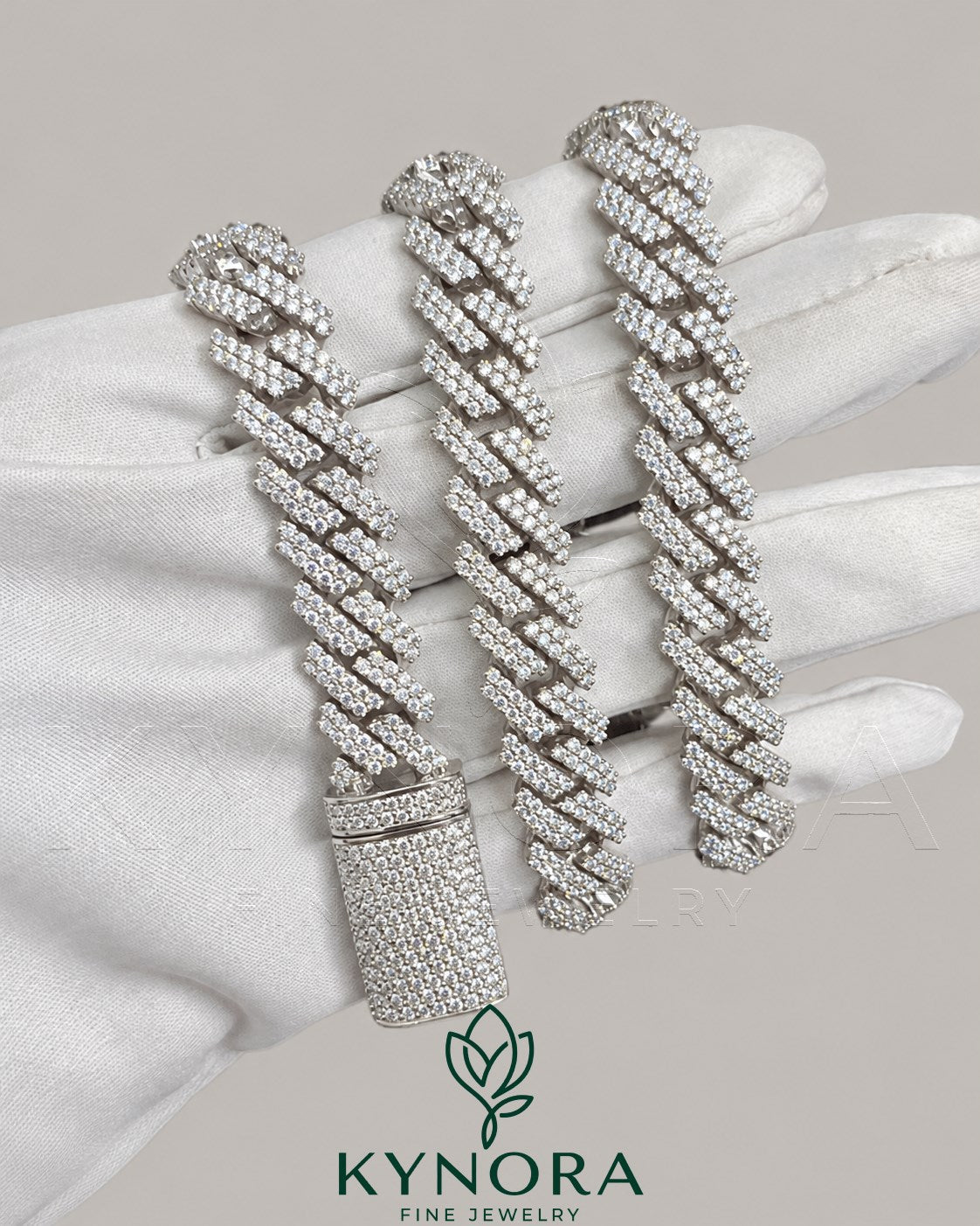 12mm VVS Moissanite diamond Miami Cuban link chain in 925 silver, hip-hop style jewelry by Kynora Jewels.