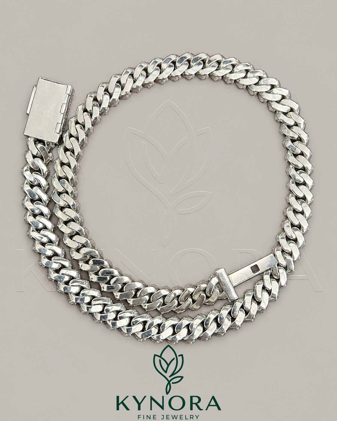 VVS moissanite diamond Miami Cuban link chain in 925 silver, hip-hop jewelry style by Kynora Jewels.