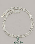 Sterling silver Miami Cuban link chain with 12mm VVS1 moissanite diamonds, stylish hip-hop jewelry from Kynora Jewels.