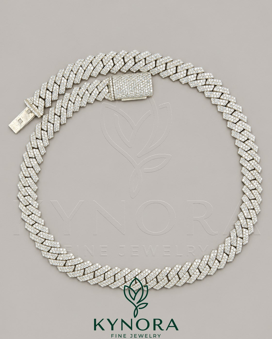 Sterling silver Miami Cuban link chain with 12mm VVS1 moissanite diamonds, stylish hip-hop jewelry from Kynora Jewels.