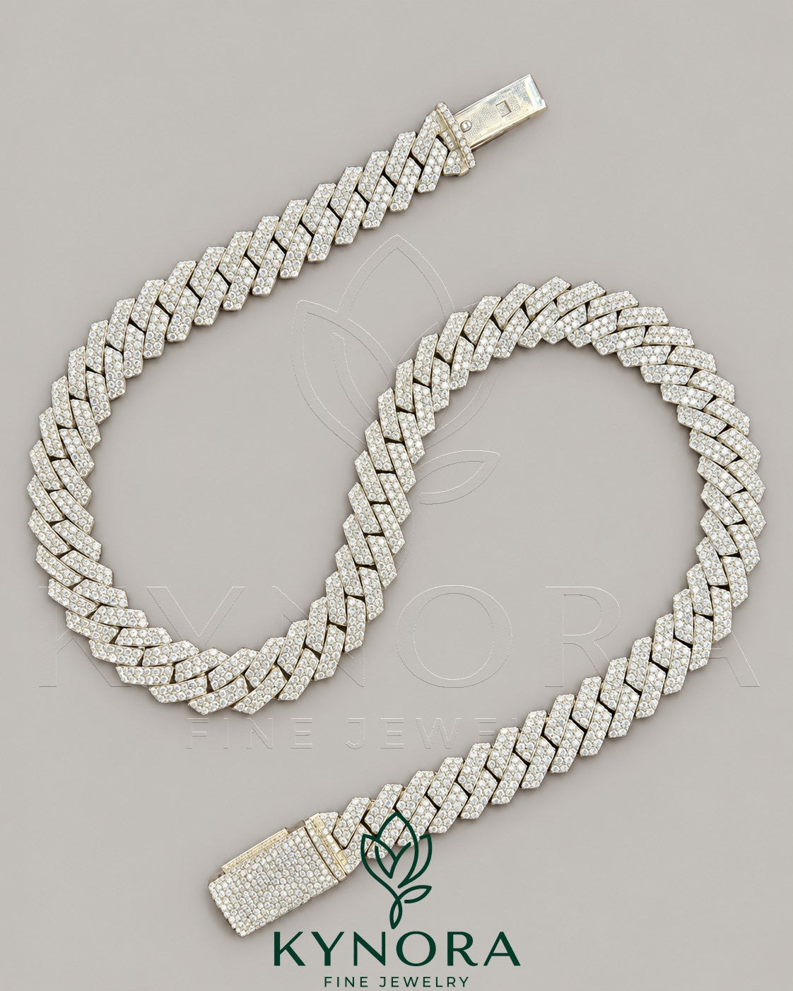 Sterling silver Cuban link chain with 12mm VVS1 moissanite diamonds, hip-hop style jewelry by Kynora Jewels