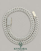 12mm VVS1 moissanite diamond Miami sterling silver Cuban link chain by Kynora Jewels, showcasing its shiny, chunky hiphop jewelry design.