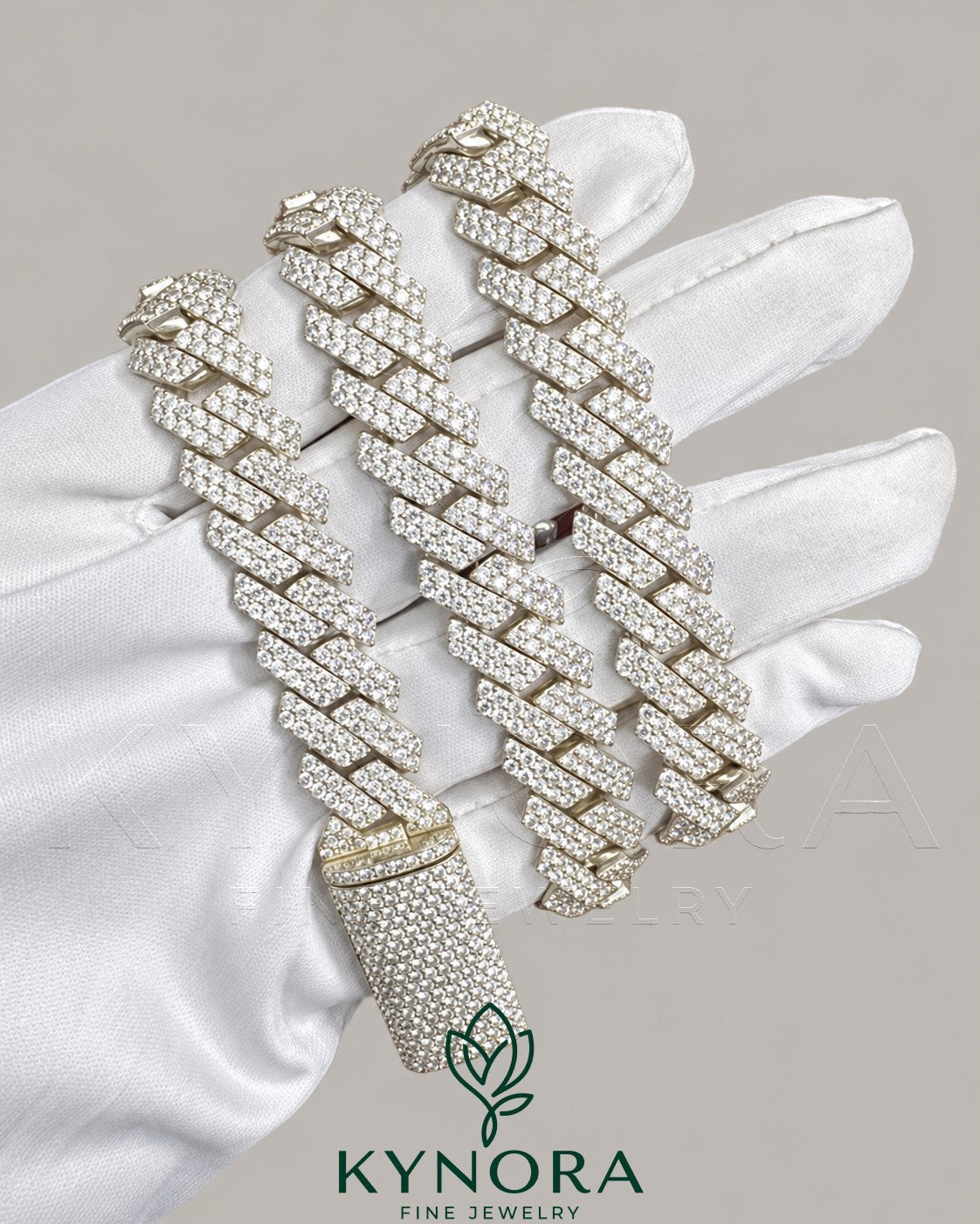 Sterling silver Miami Cuban link chain with 12mm VVS1 Moissanite diamonds, hip-hop style jewelry from Kynora Jewels