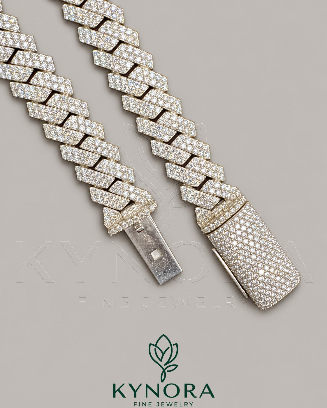 Sterling silver Miami Cuban link chain with 12mm VVS1 moissanite diamonds, hip-hop style jewelry by Kynora Jewels
