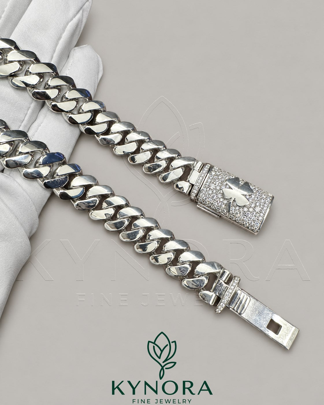 14mm customized moissanite diamond Miami Cuban chain in 925 sterling silver, featuring bold hip-hop jewelry design by Kynora Jewels