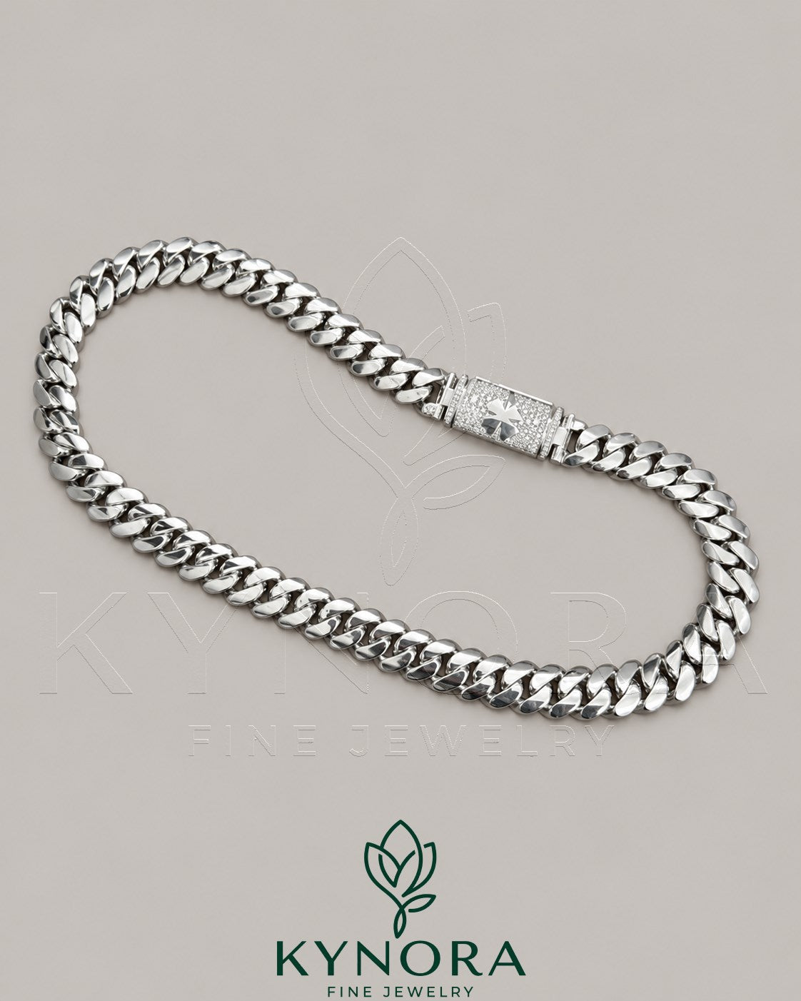 14mm customized Moissanite diamond Miami Cuban chain in sterling silver, featuring a bold hip-hop style design by Kynora Jewels.