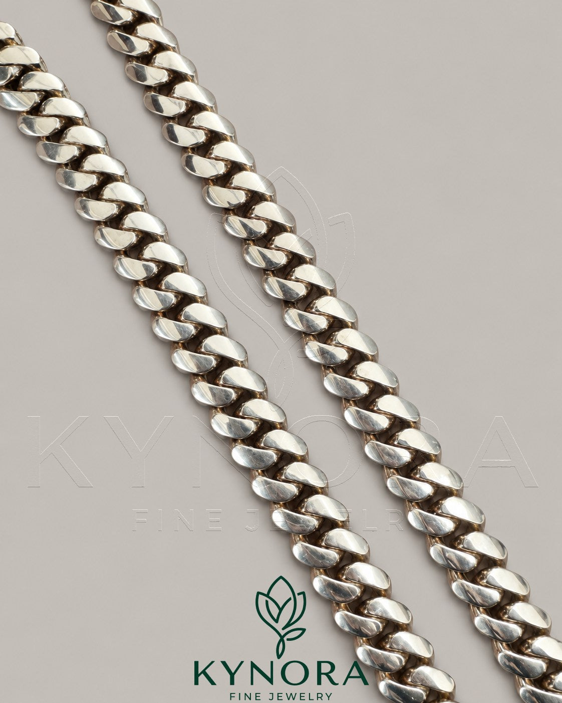 14mm customized Claps Moissanite diamond gold Miami Cuban chain by Kynora Jewels, 18-inch sterling silver hip hop chain with plain design.