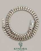 14mm Moissanite diamond gold Miami Cuban chain by Kynora Jewels, 18-inch sterling silver hiphop chain with customized clasp.