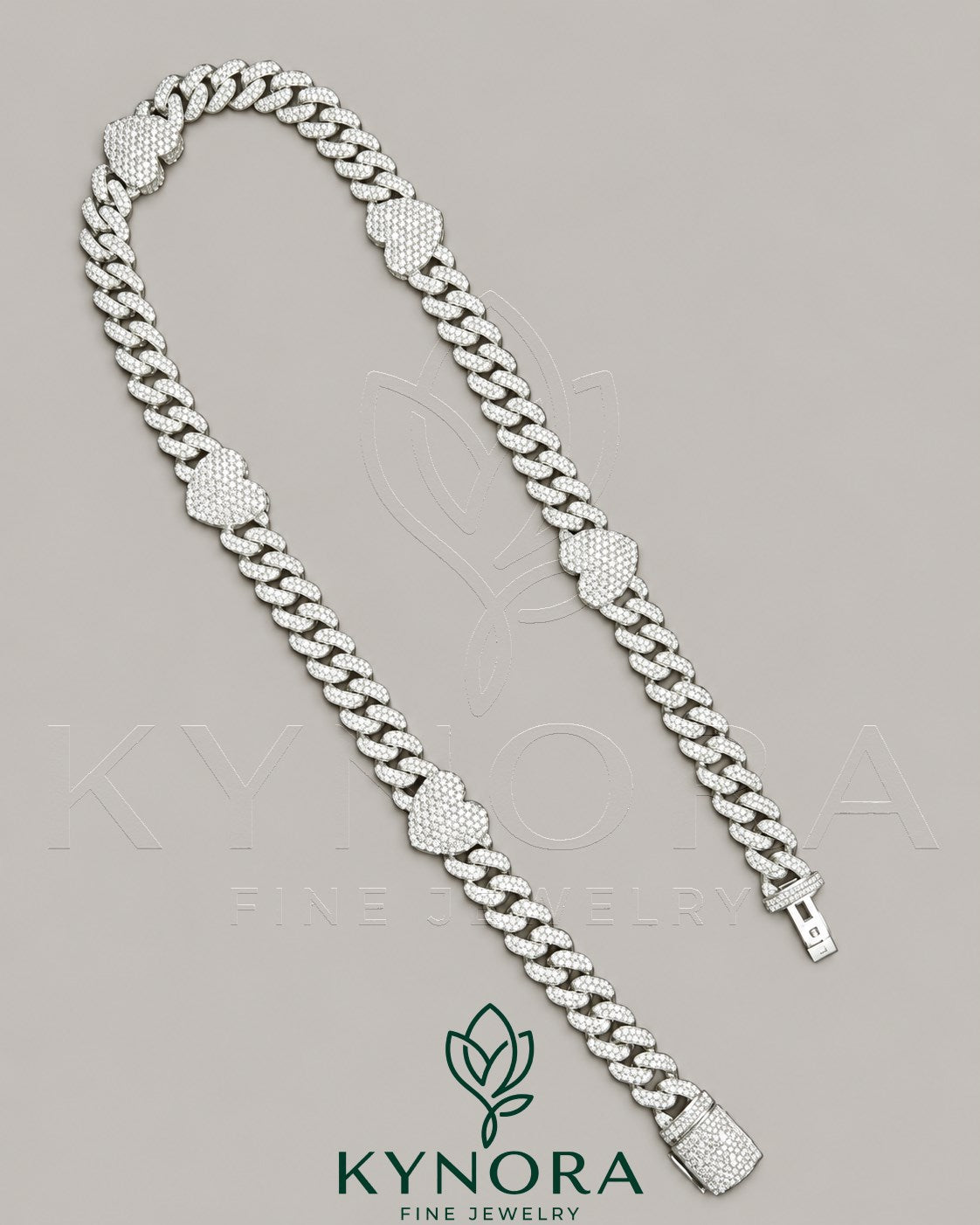 14mm heart-shaped Miami Cuban chain in 925 sterling silver with diamond accents, hip-hop jewelry by Kynora Jewels