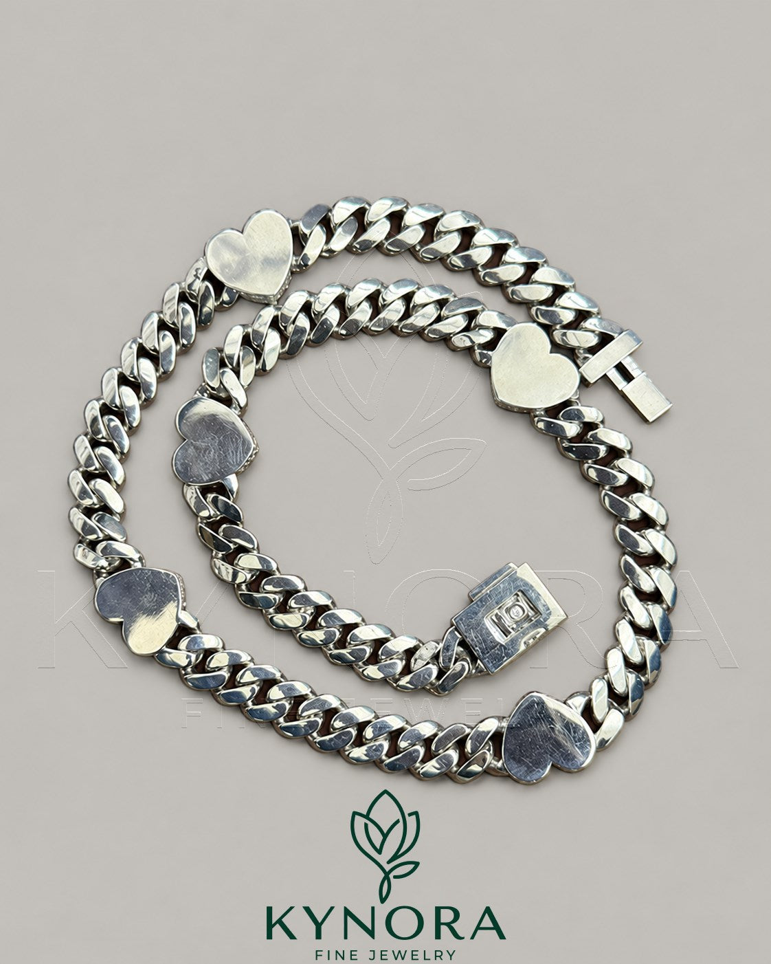 14mm heart-shaped Miami Cuban chain in 10mm sterling silver with diamond accents, stylish hip-hop jewelry by Kynora Jewels