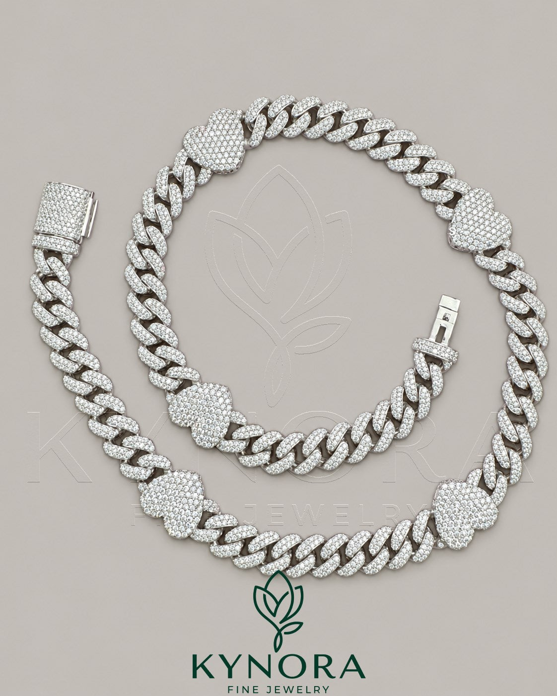 14mm heart-shaped 10mm Miami Cuban chain by Kynora Jewels, made of 925 sterling silver with diamond accents, hip-hop jewelry style.