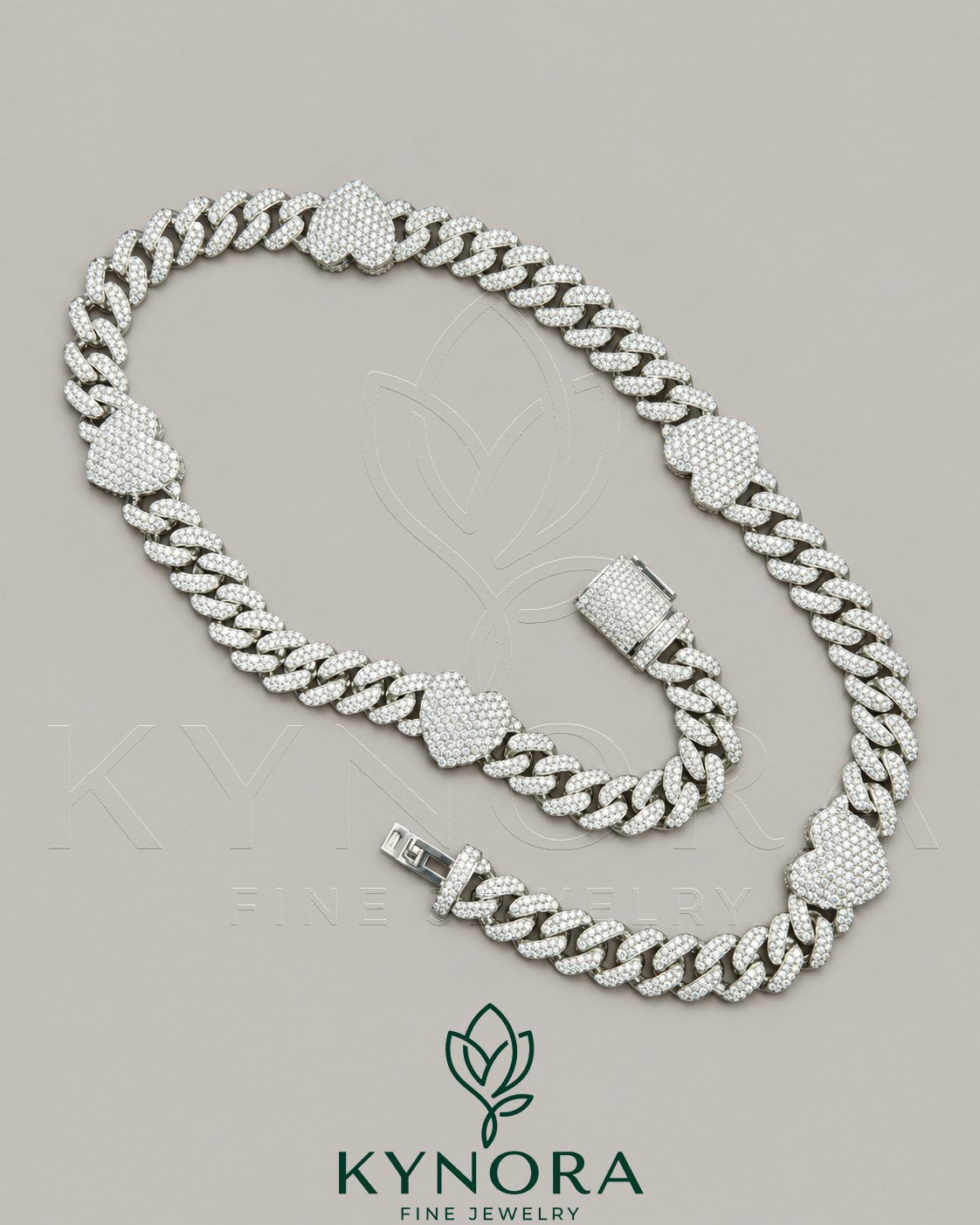 14mm heart-shaped and 10mm Miami Cuban chain in 925 sterling silver, diamond-encrusted hip-hop chain by Kynora Jewels