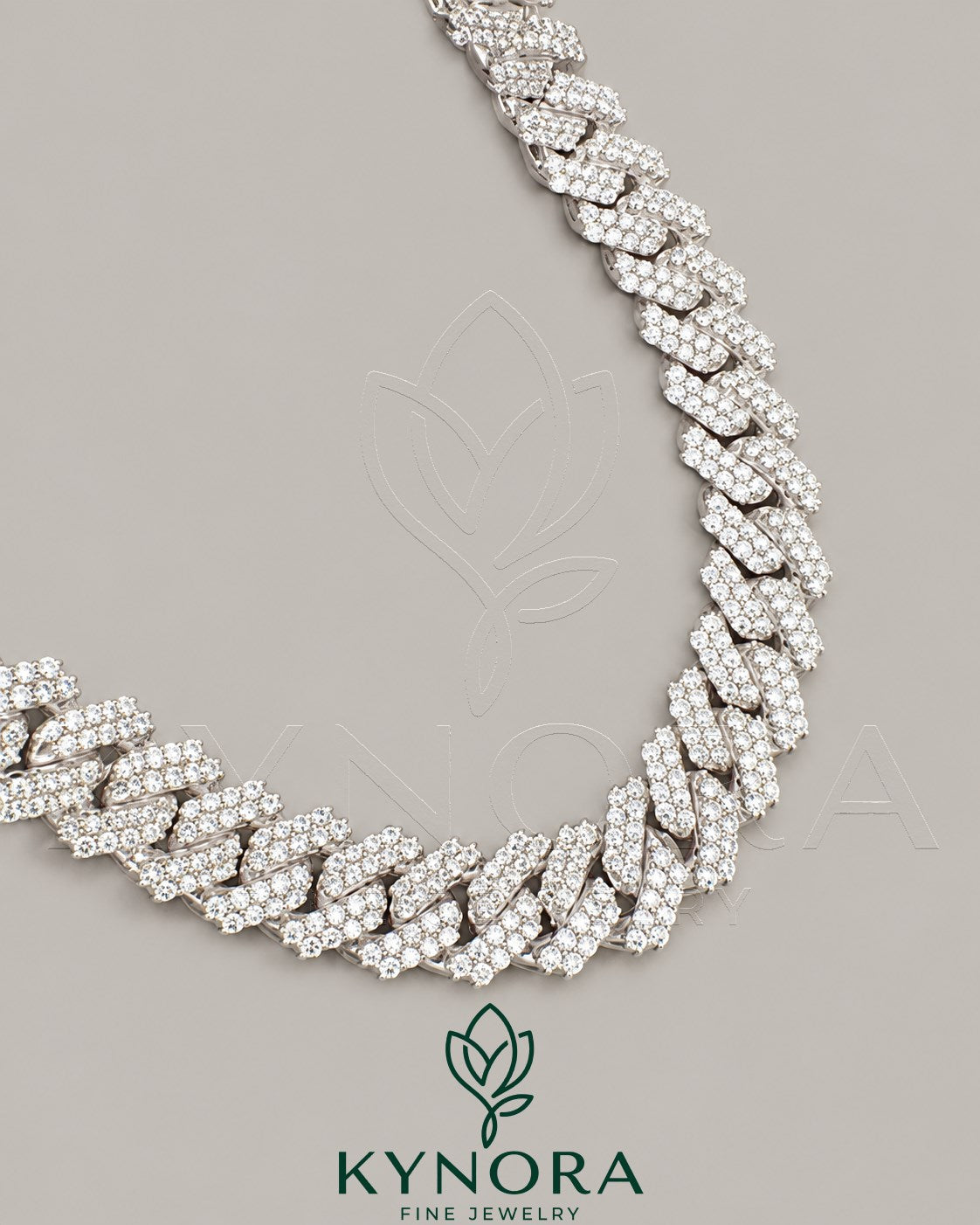 14mm VVS Moissanite Miami Cuban Link Chain by Kynora Jewels, sterling silver hiphop chain with custom lock and diamond accents.