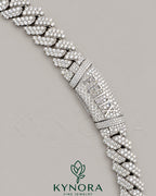 Sterling silver 14mm VVS moissanite diamond Miami Cuban link chain with custom lock, designed by Kynora Jewels, hip-hop jewelry style