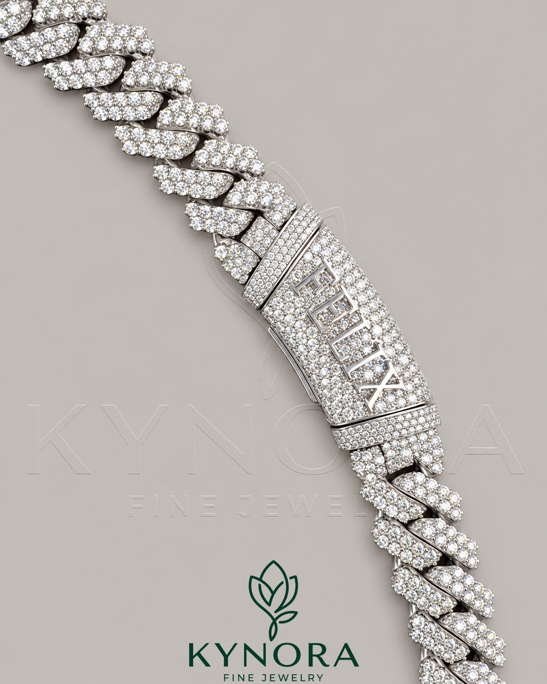 Sterling silver 14mm VVS moissanite diamond Miami Cuban link chain with custom lock, designed by Kynora Jewels, hip-hop jewelry style