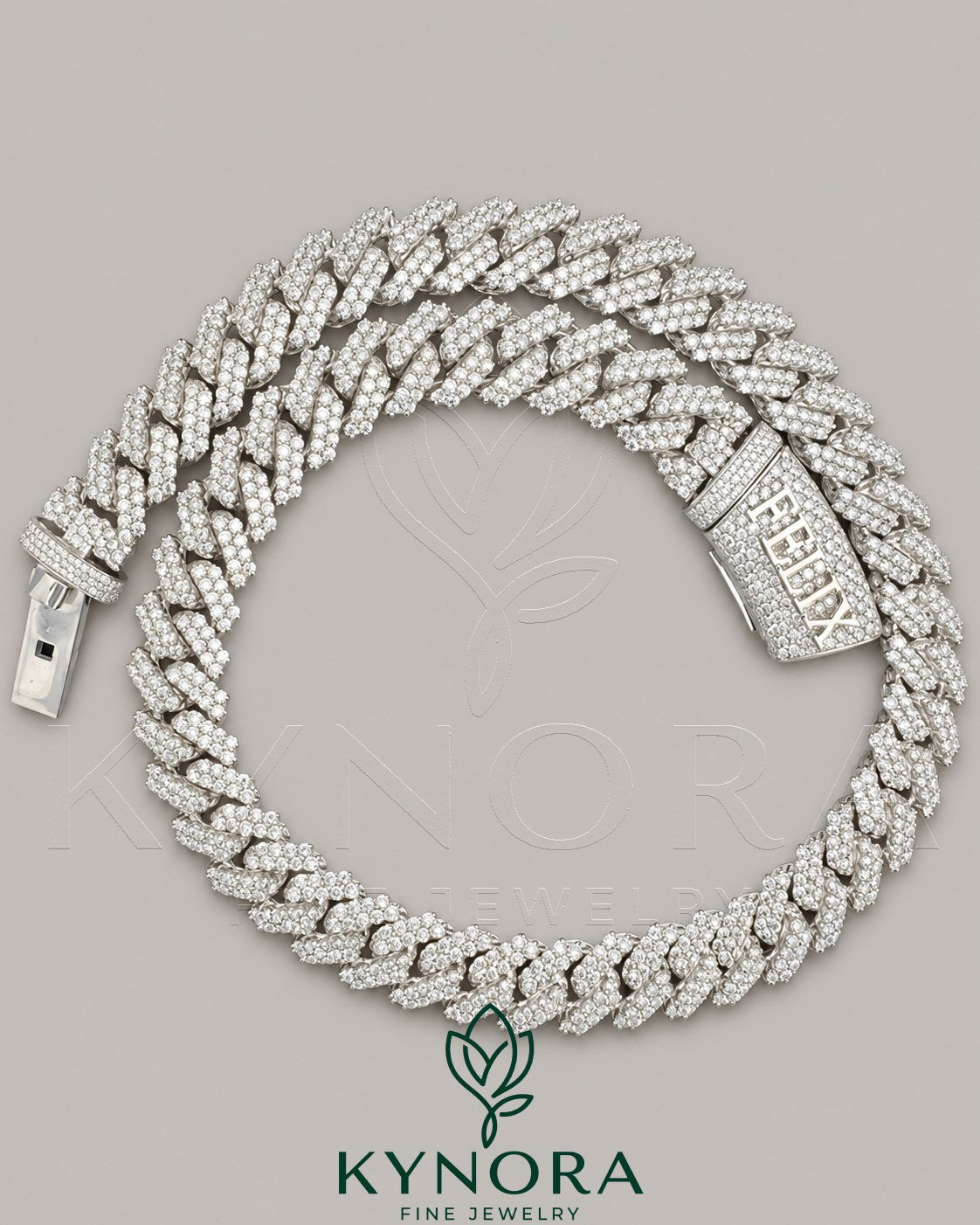 Sterling silver Miami Cuban link chain with 14mm VVS moissanite diamonds, custom lock, hip-hop jewelry by Kynora Jewels Imagen principal del producto