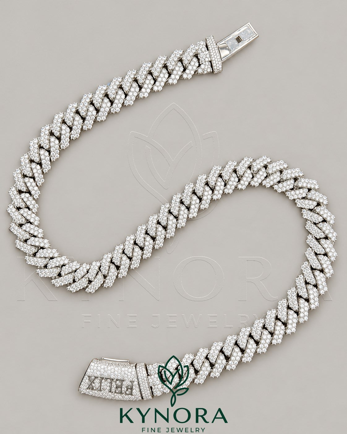 Sterling silver 14mm VVS Moissanite diamond Miami Cuban link chain with custom lock from Kynora Jewels, hip-hop jewelry style.