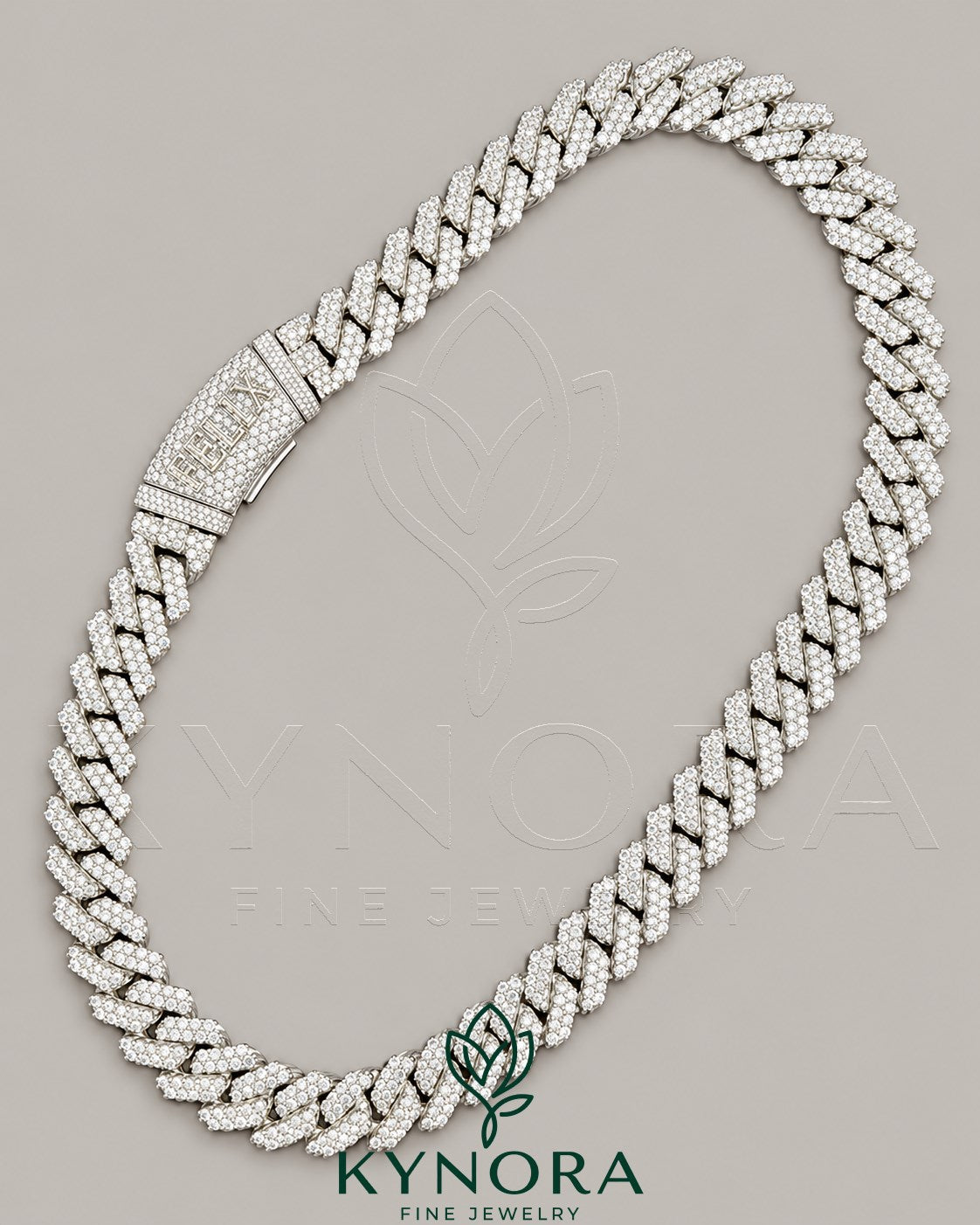 14mm VVS Moissanite diamond Miami Cuban link chain in sterling silver, custom lock, hip-hop style from Kynora Jewels