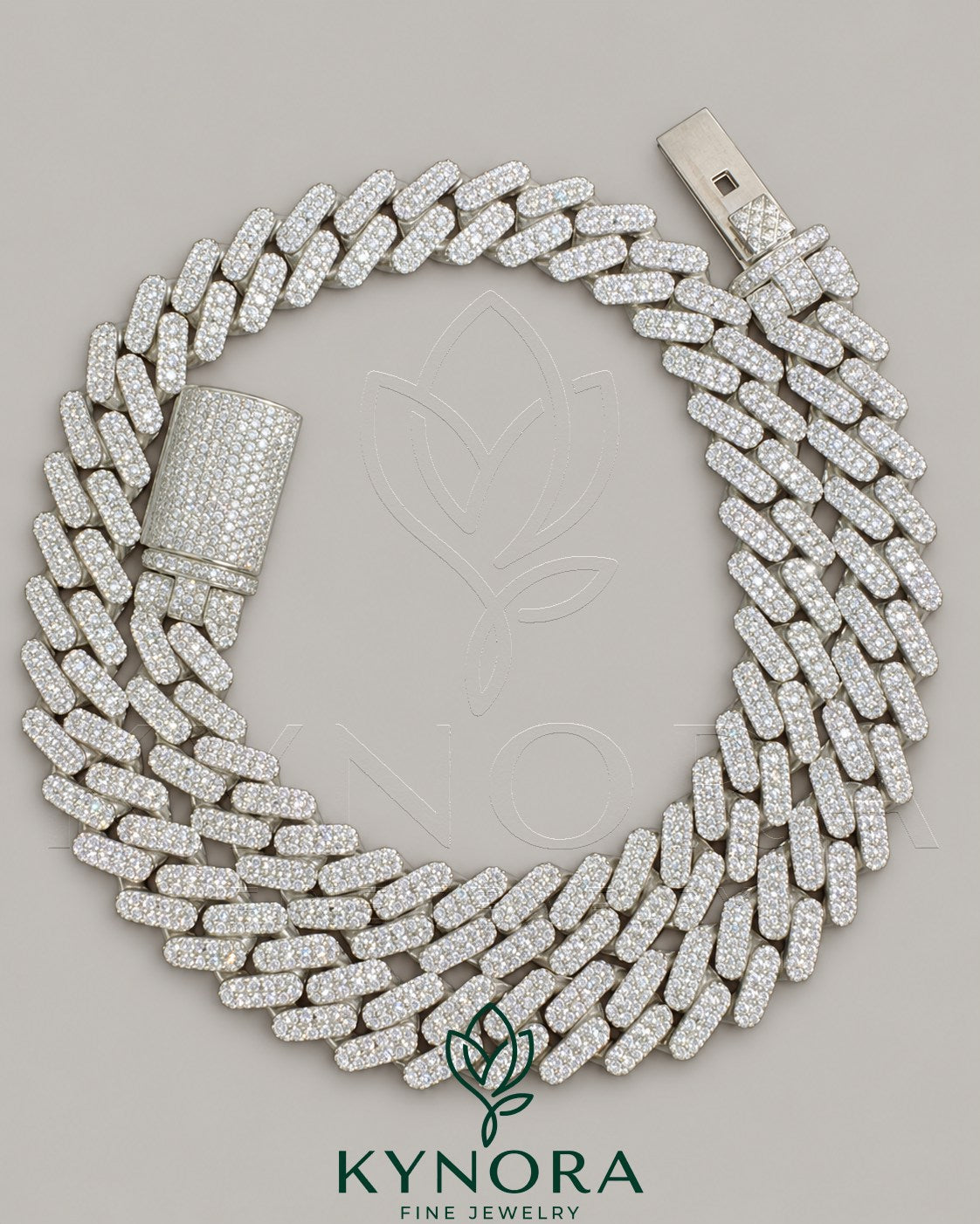 14mm VVS moissanite diamond silver white gold Cuban link chain, hiphop jewelry by Kynora Jewels featuring sterling silver. Immagine principale del prodotto
