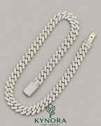14MM VVS Moissanite diamond silver white gold Cuban link chain by Kynora Jewels, featuring a thick, polished hip-hop style design.