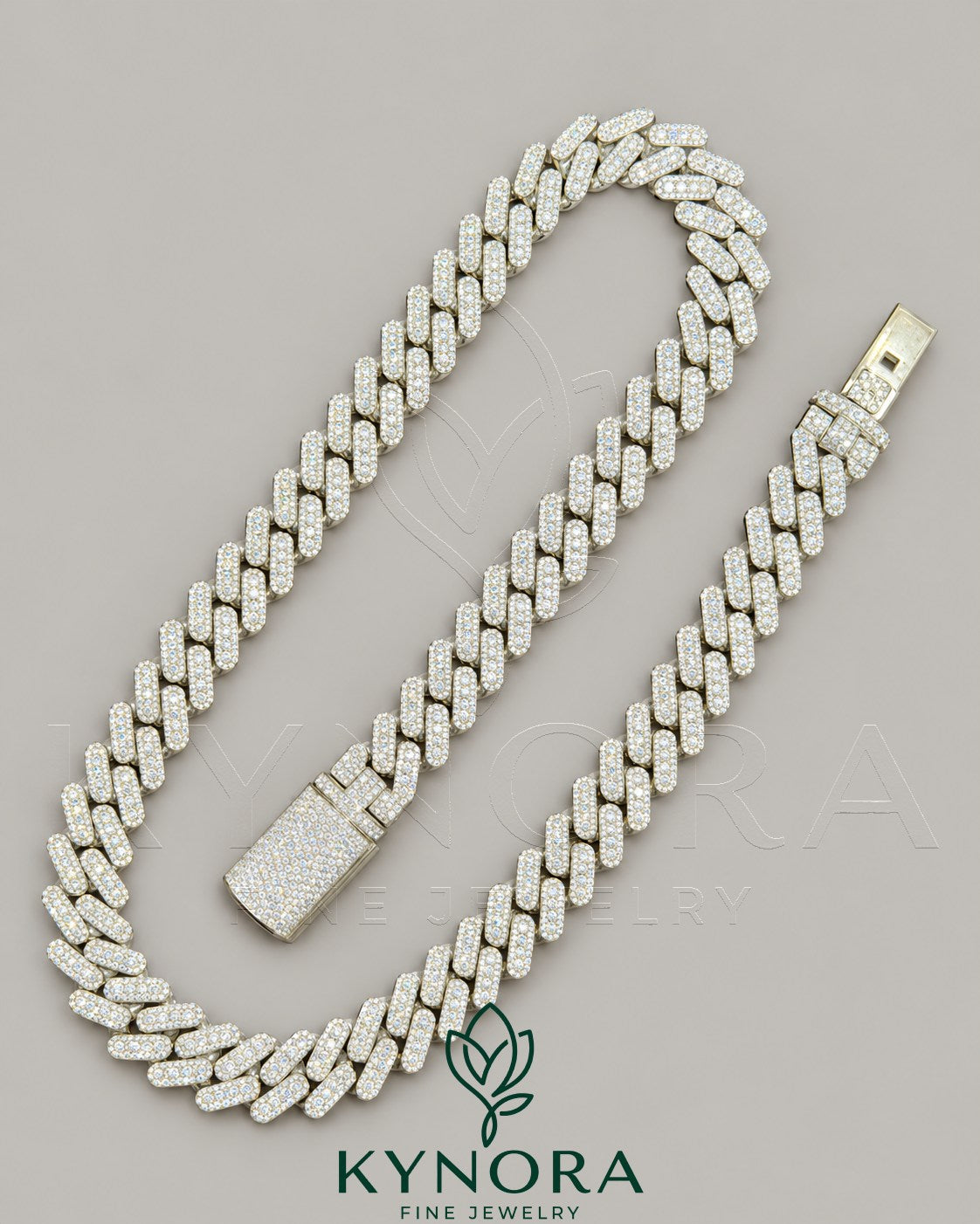 14MM VVS Moissanite diamond silver white gold Cuban link chain by Kynora Jewels, featuring a thick, polished hip-hop style design.