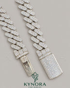 14mm VVS Moissanite diamond silver white gold Cuban link chain, hiphop jewelry by Kynora Jewels with 18-inch sterling silver chain