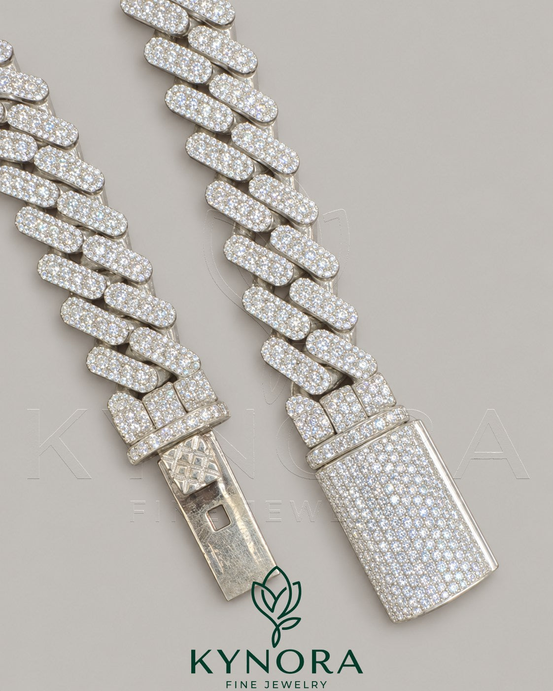 14mm VVS Moissanite diamond silver white gold Cuban link chain, hiphop jewelry by Kynora Jewels with 18-inch sterling silver chain
