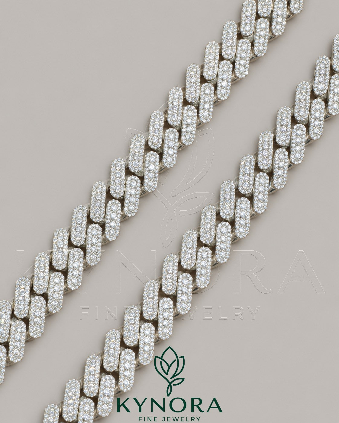 14mm VVS Moissanite diamond silver white gold Cuban link chain, hip-hop style jewelry by Kynora Jewels.