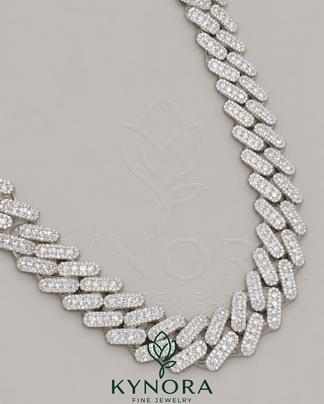 14mm VVS moissanite diamond silver white gold Cuban link chain, hiphop jewelry by Kynora Jewels featuring sterling silver and VVS moissanite stones.