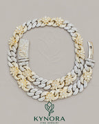 15mm Moissanite silver and two-tone gold Miami Cuban chain by Kynora Jewels, 18-inch sterling silver hip-hop chain with custom design.