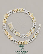 Kynora Jewels 15mm Moissanite silver two-tone gold Miami Cuban chain, 18-inch sterling silver hiphop chain with sparkling moissanite.