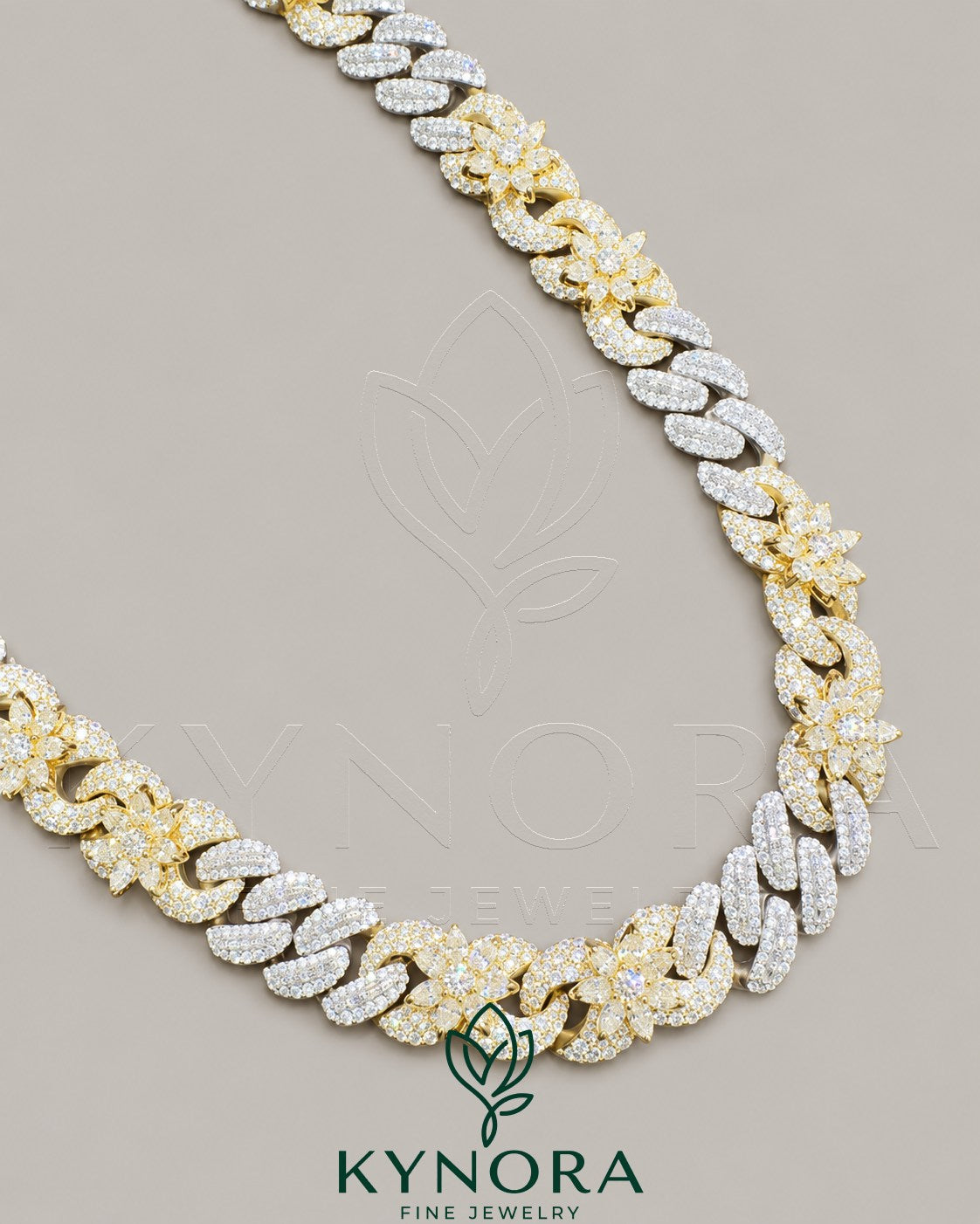 Kynora Jewels 18-inch silver Moissanite Miami Cuban chain with two-tone gold, 15mm width, hiphop style jewelry.