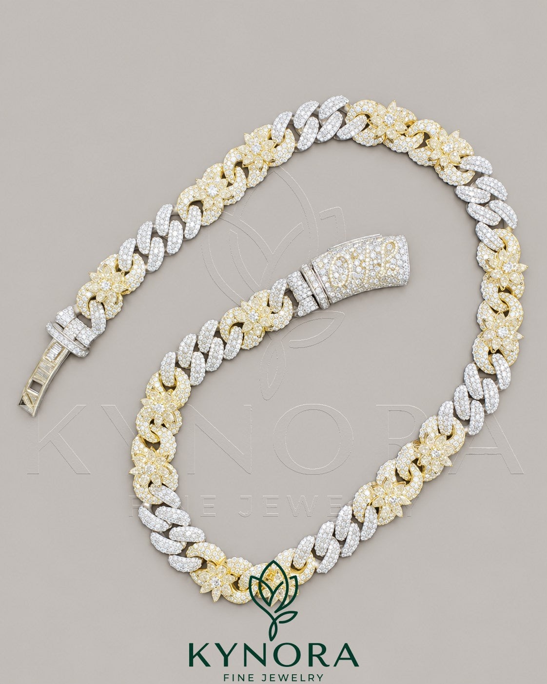 15mm Moissanite silver Miami Cuban Chain by Kynora Jewels, two-tone gold and sterling silver hiphop chain, 18-inch length.