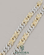 Kynora Jewels 15mm Moissanite silver two-tone gold Miami Cuban chain, 18-inch sterling silver hiphop chain with sparkling moissanite.