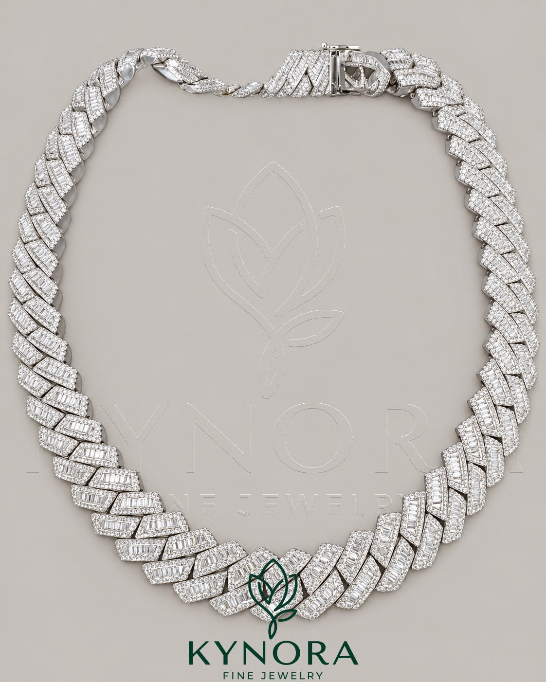Sterling silver Cuban hip hop chain with 15mm VVS1 moissanite diamonds, sparkling and detailed, from Kynora Jewels.