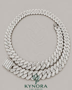 Sterling silver Cuban chain necklace with 15mm VVS1 moissanite diamonds, hip hop style, by Kynora Jewels.
