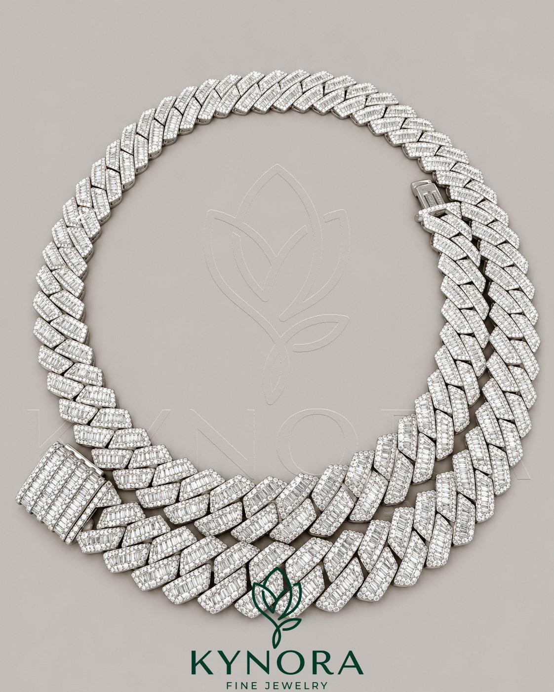 Sterling silver Cuban chain necklace with 15mm VVS1 moissanite diamonds, hip hop style, by Kynora Jewels.