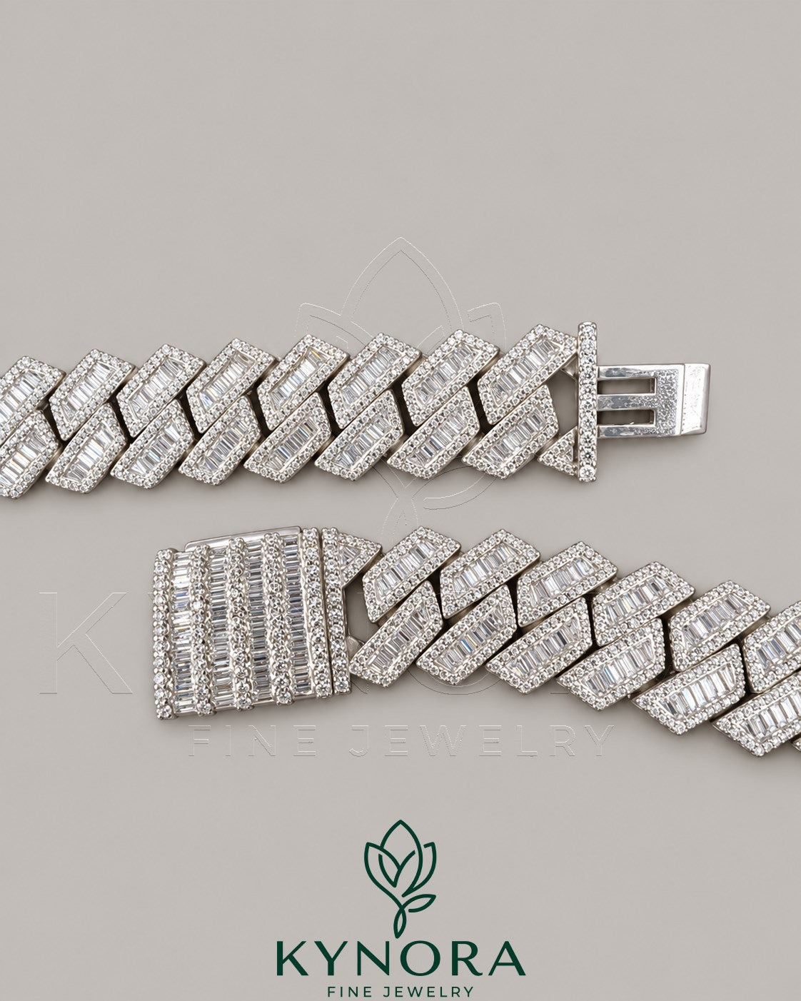 Sterling silver Cuban chain necklace with 15mm VVS1 Moissanite diamonds, hip hop style from Kynora Jewels.