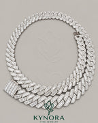Sterling silver Cuban chain necklace with 15mm VVS1 moissanite diamonds, hip hop style, by Kynora Jewels.